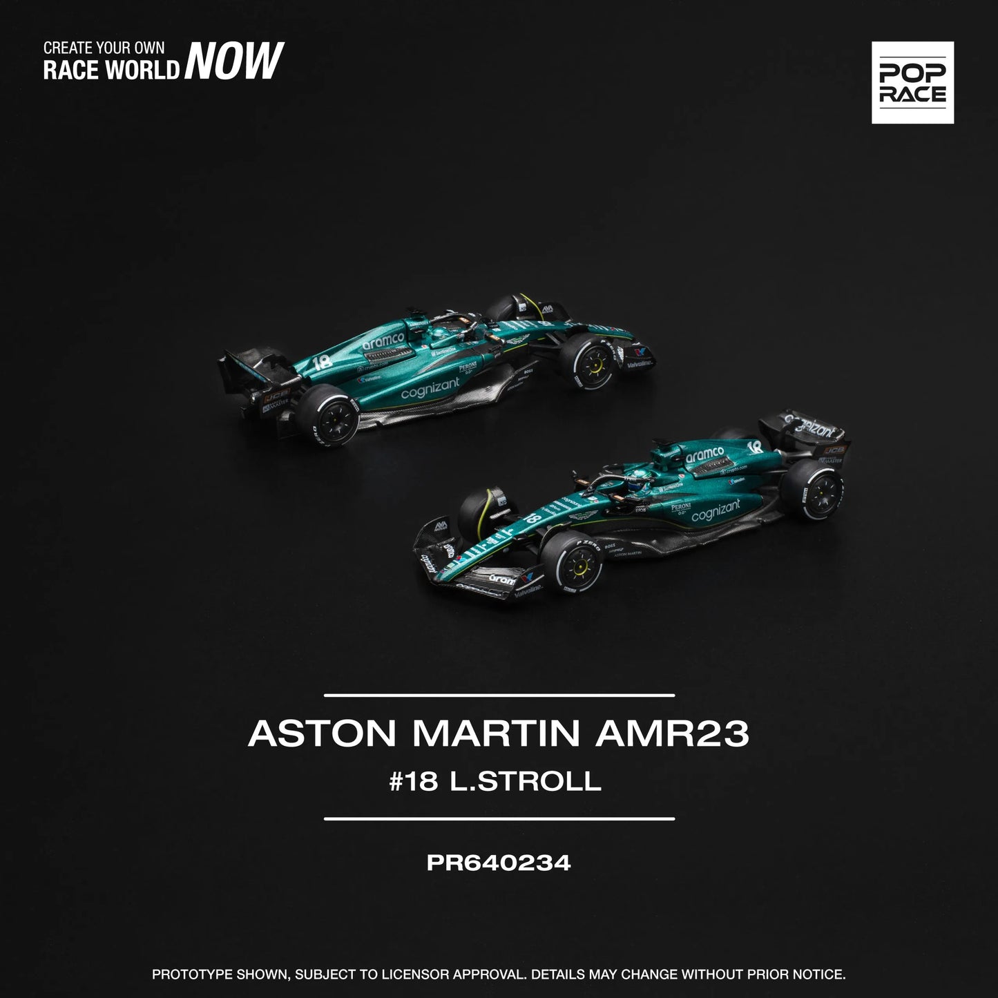 Pop Race Aston Martin AMR23 F1 #18 Lance Stroll 1:64 diecast model front three-quarter view poster