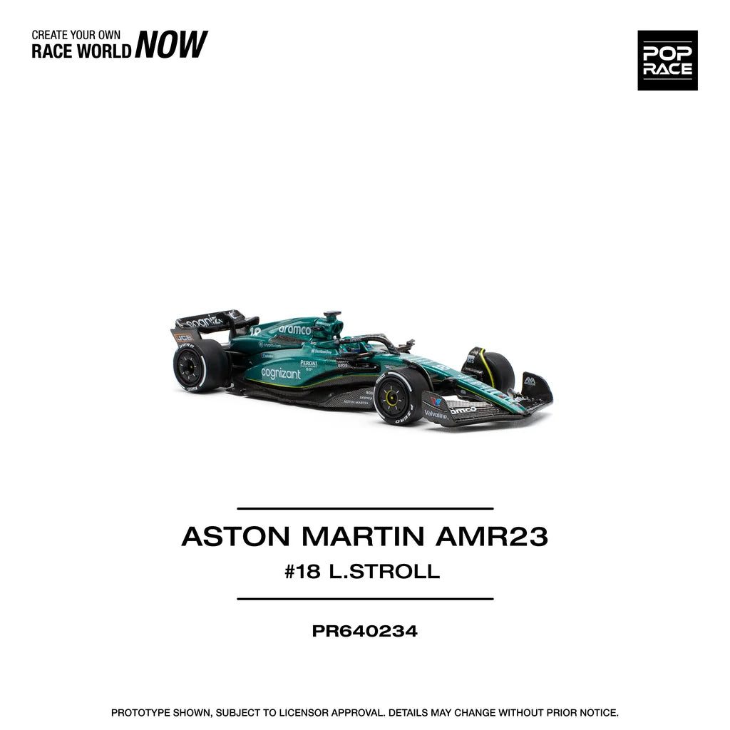 Pop Race Aston Martin AMR23 F1 #18 Lance Stroll 1:64 diecast model front three-quarter view