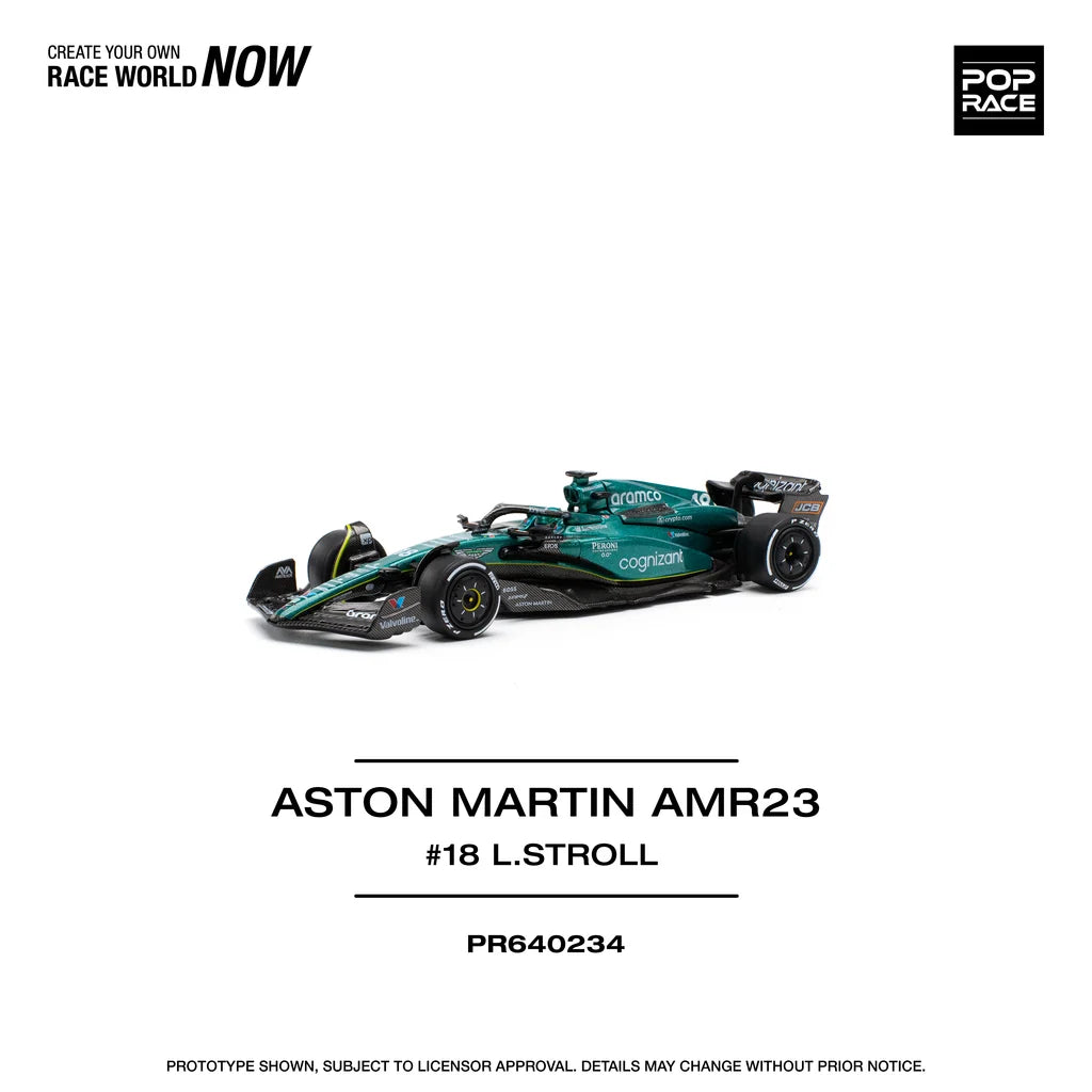 Pop Race Aston Martin AMR23 F1 #18 Lance Stroll 1:64 diecast model front three-quarter view