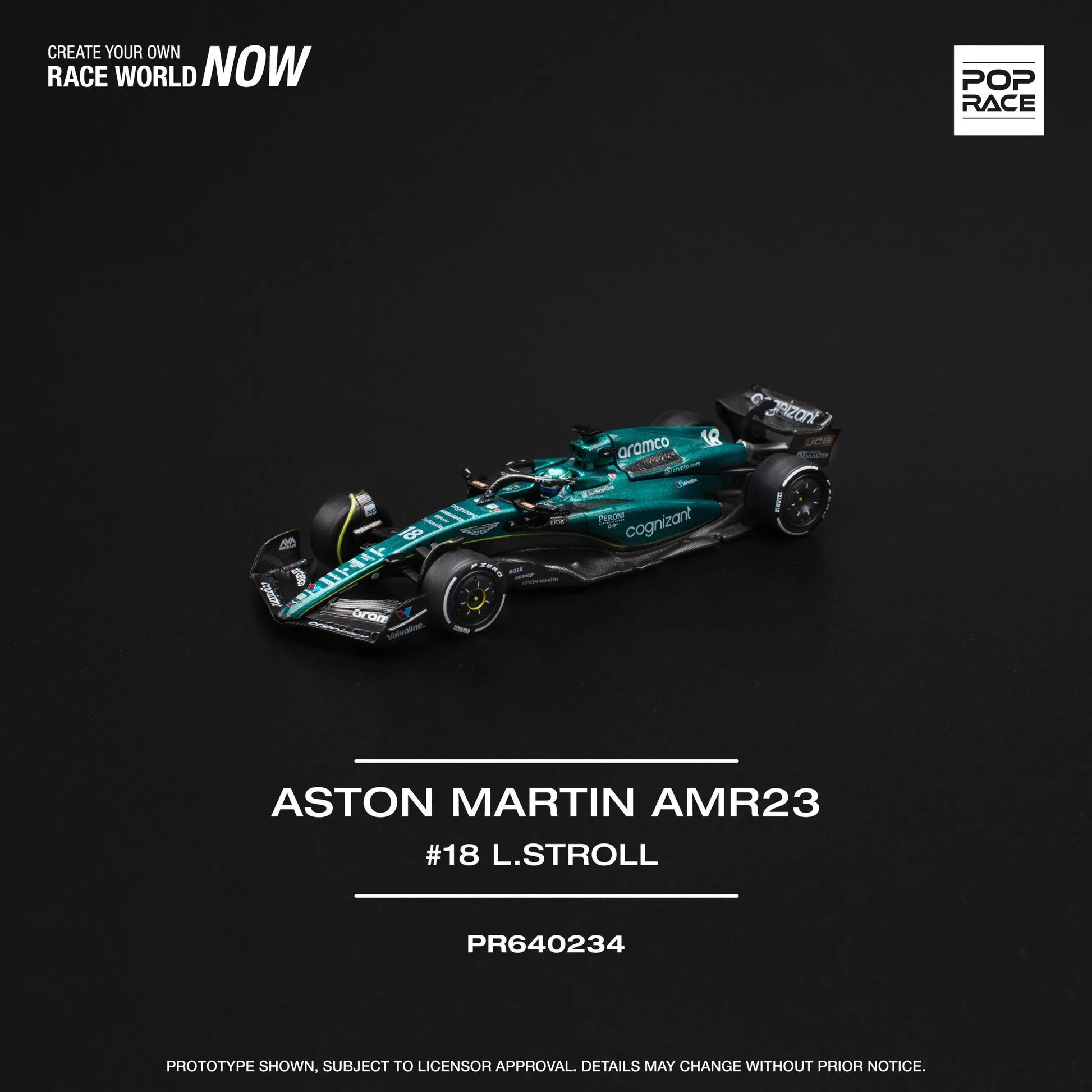 Pop Race Aston Martin AMR23 F1 #18 Lance Stroll 1:64 diecast model front view poster