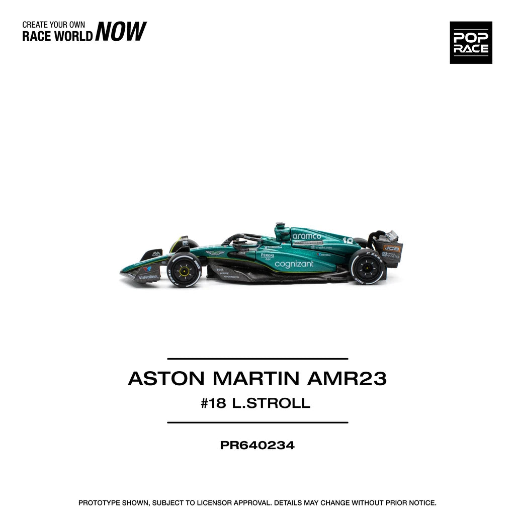 Pop Race Aston Martin AMR23 F1 #18 Lance Stroll 1:64 diecast model left side view
