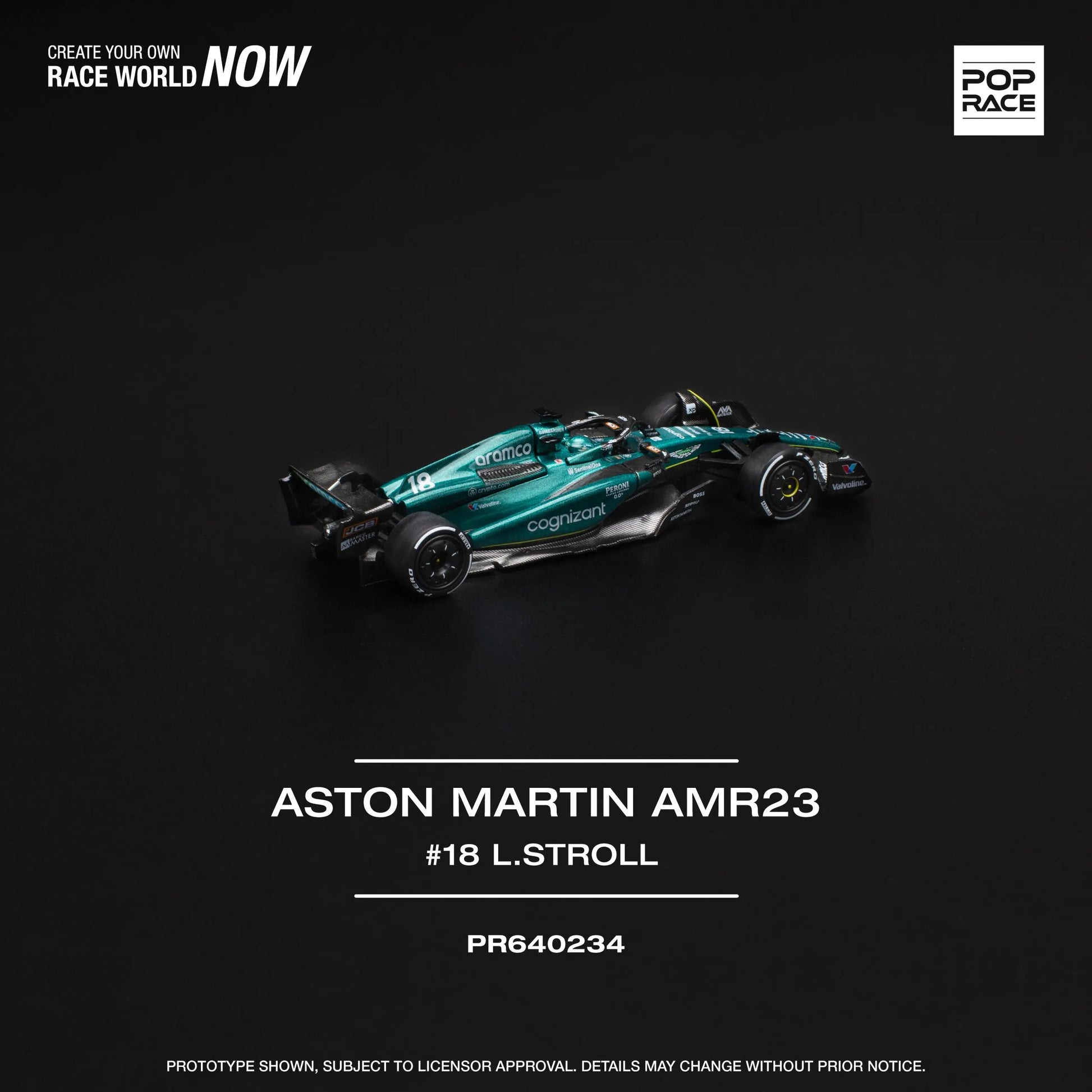 Pop Race Aston Martin AMR23 F1 #18 Lance Stroll 1:64 diecast model rear three-quarter view poster