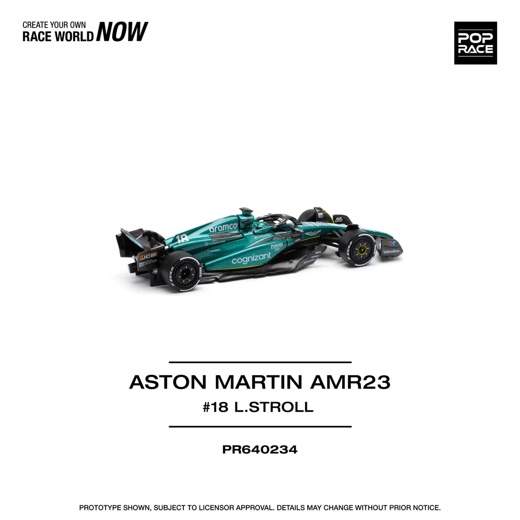 Pop Race Aston Martin AMR23 F1 #18 Lance Stroll 1:64 diecast model rear three-quarter view