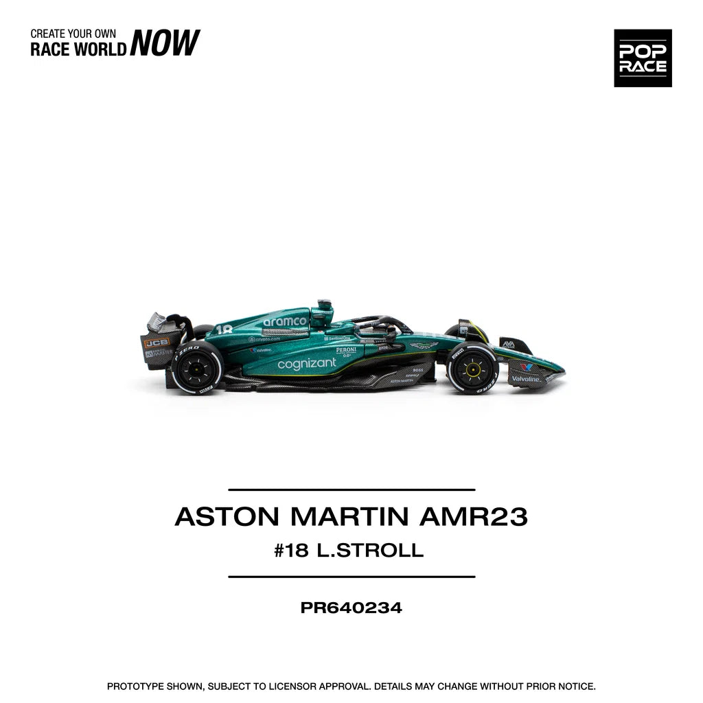 Pop Race Aston Martin AMR23 F1 #18 Lance Stroll 1:64 diecast model right side view
