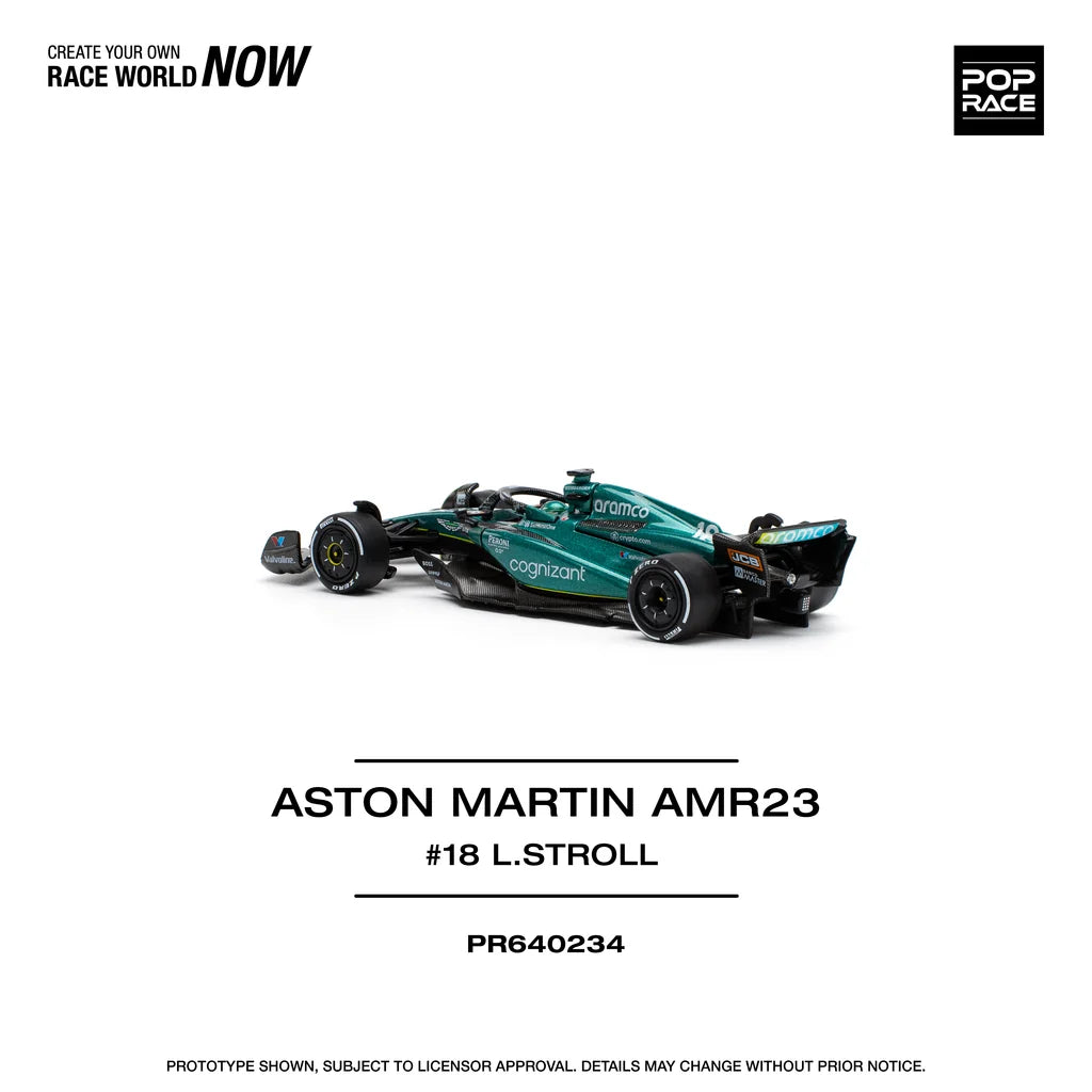 Pop Race Aston Martin AMR23 F1 #18 Lance Stroll 1:64 diecast model angled side view