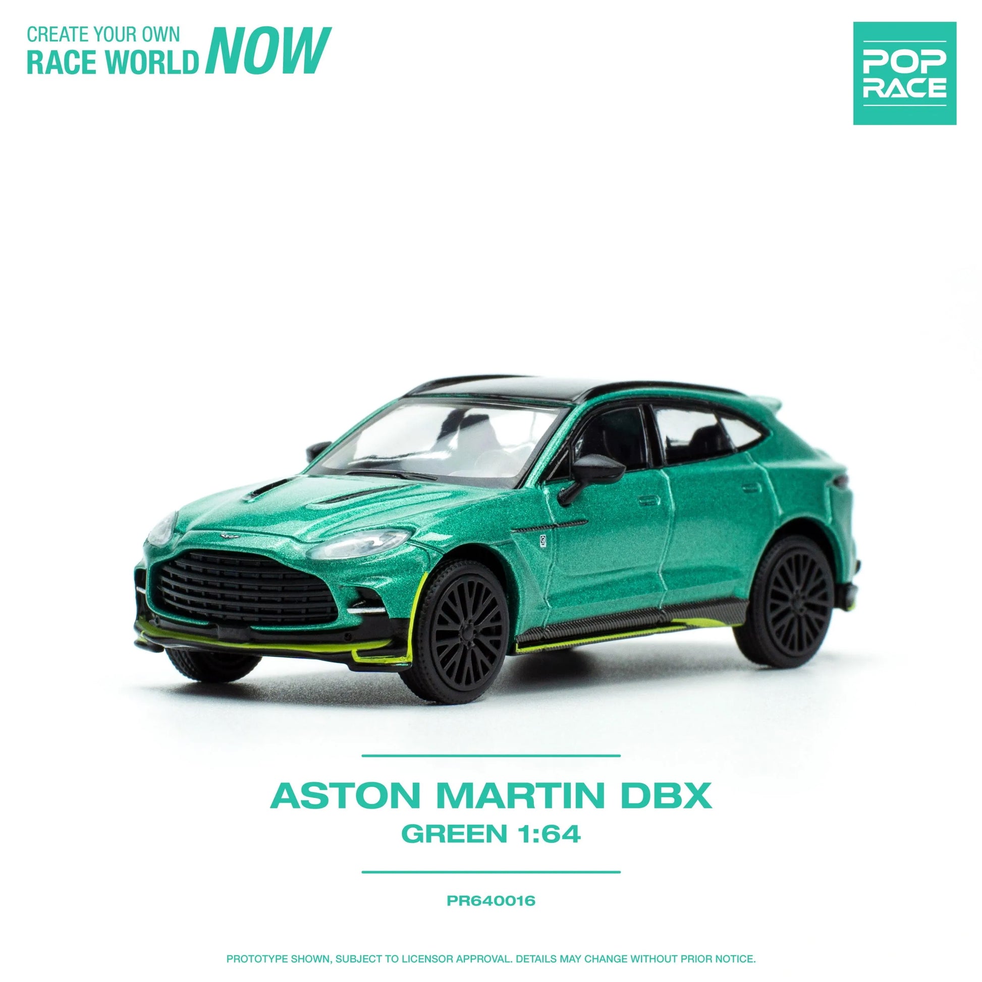 Side profile of Pop Race Aston Martin DBX Racing Green 1:64 diecast SUV model