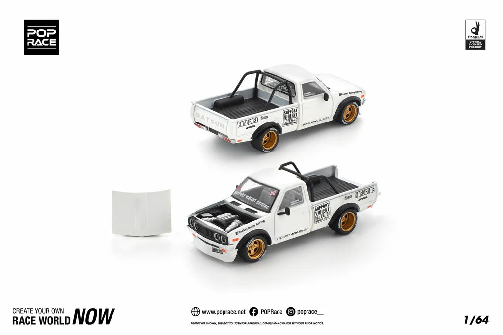 Pop Race Datsun 620 Pandem White 1:64 diecast model front three-quarter view