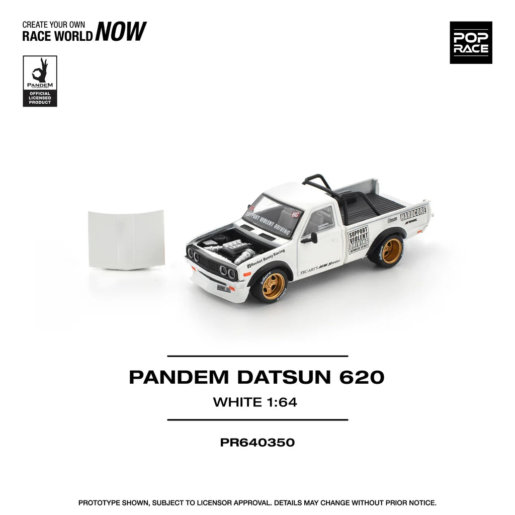 Pop Race Datsun 620 Pandem White 1:64 diecast model front three-quarter view with bonnet off