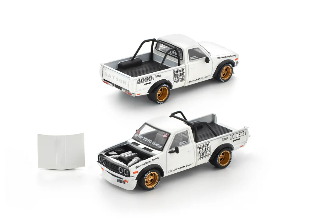Pop Race Datsun 620 Pandem White 1:64 diecast model front three-quarter view close up