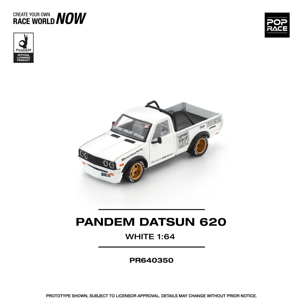 Pop Race Datsun 620 Pandem White 1:64 diecast model front three-quarter view