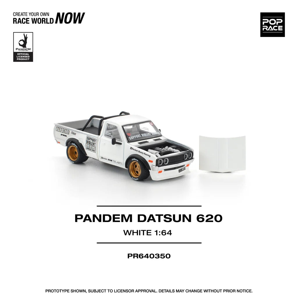 Pop Race Datsun 620 Pandem White 1:64 diecast model front view bonnet off