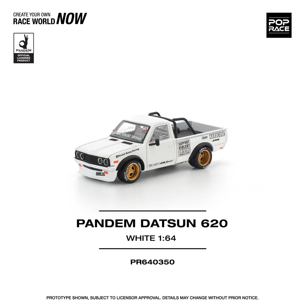 Pop Race Datsun 620 Pandem White 1:64 diecast model front view