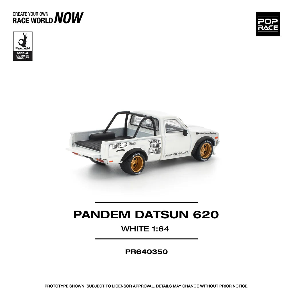 Pop Race Datsun 620 Pandem White 1:64 diecast model rear three-quarter view trunk open