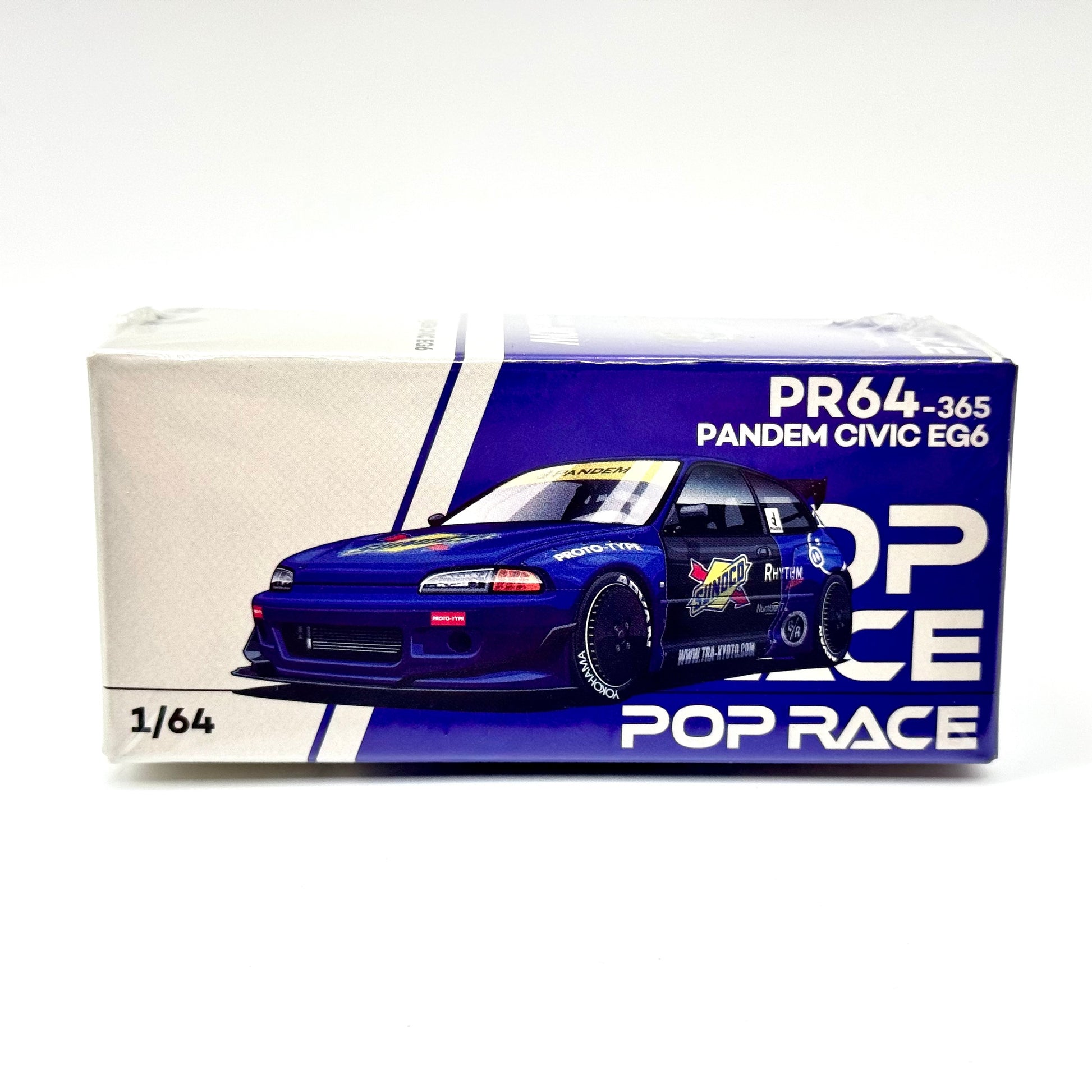 Pop Race Honda Civic EG6 Pandem Blue Black 1:64 diecast model car boxed front view