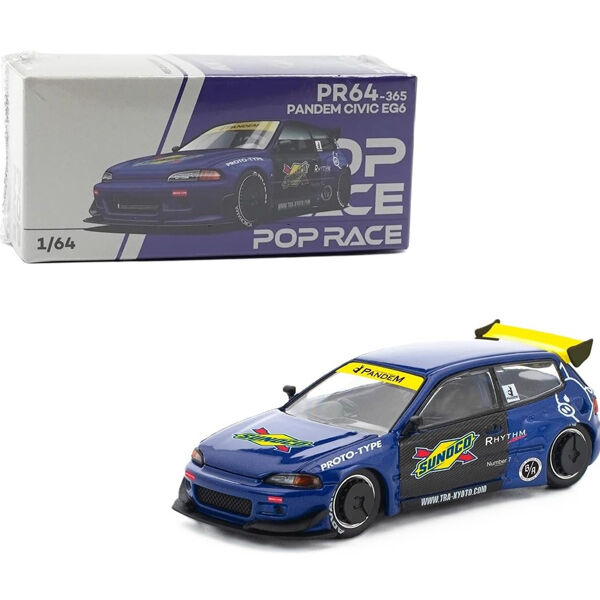 Pop Race Honda Civic EG6 Pandem Blue Black 1:64 diecast model front three-quarter view