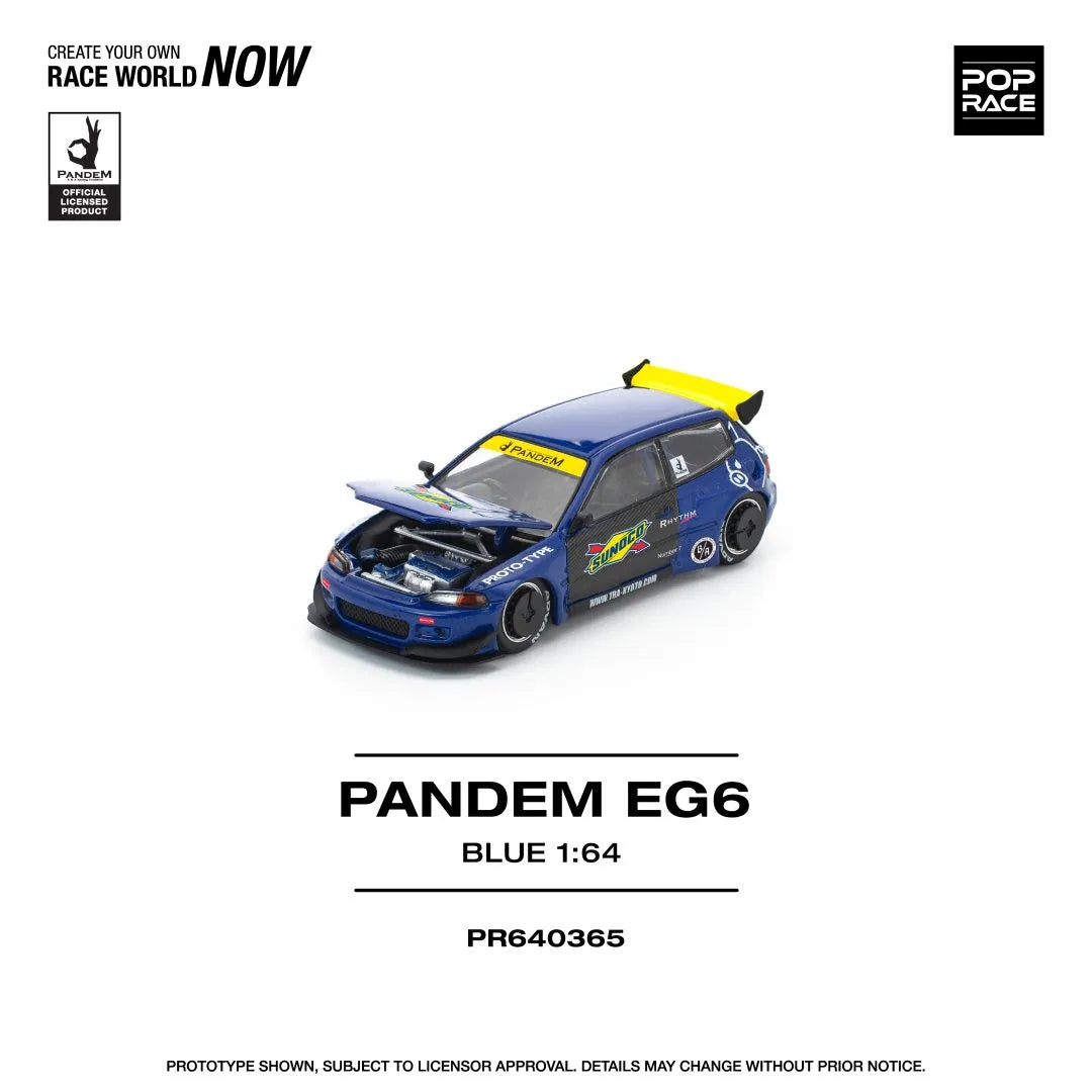 Pop Race Honda Civic EG6 Pandem Blue Black 1:64 model with engine hood open showing engine detail
