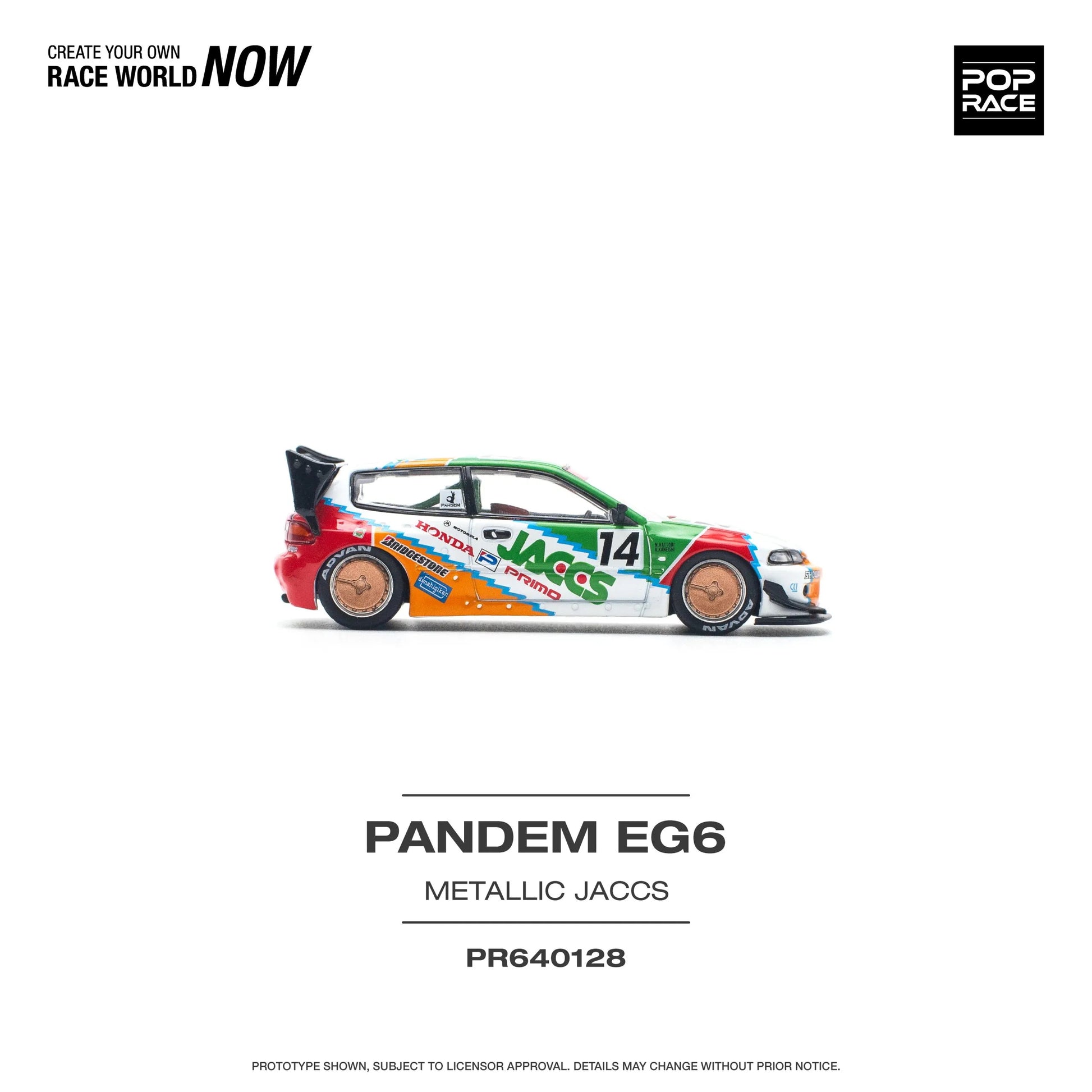 Side profile of Pop Race Honda Civic EG6 Pandem v1.5 JACCS 1:64 diecast model