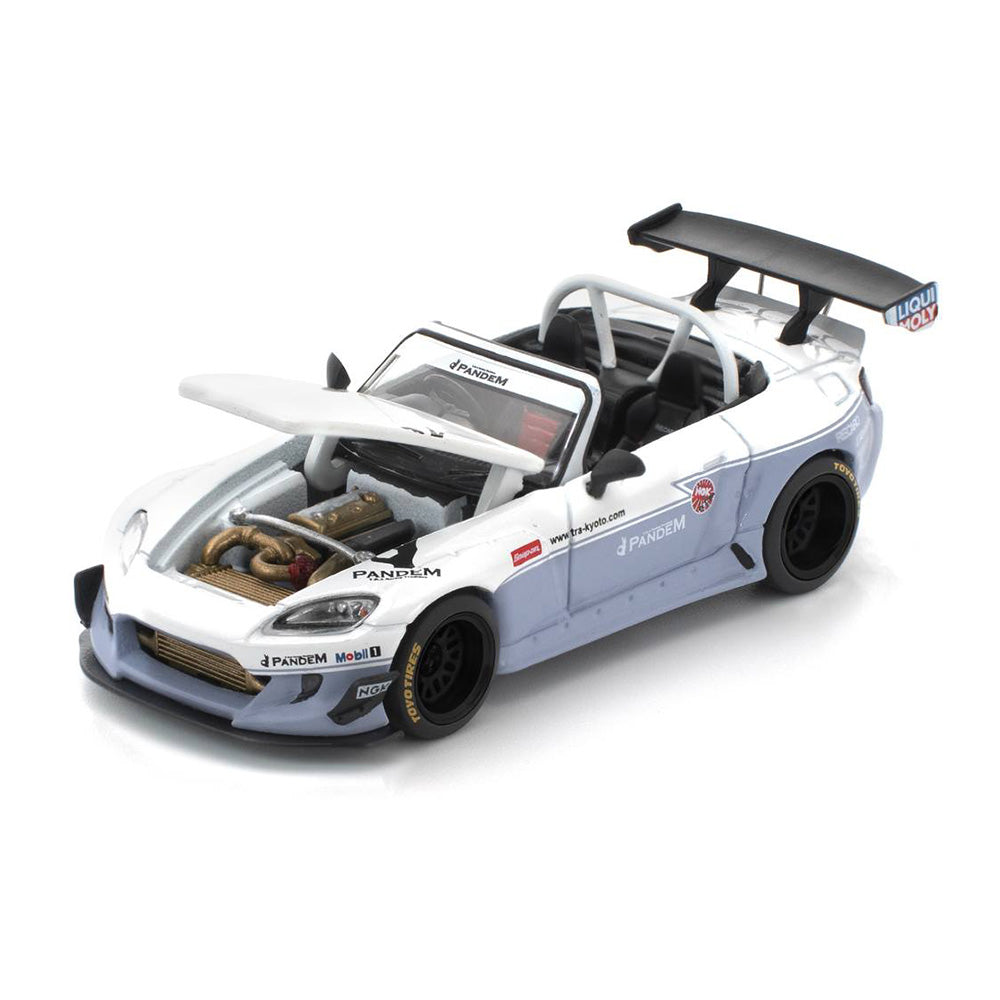 Pop Race Honda S2000 Pandem White 1:64 diecast model with hood open showing engine detail
