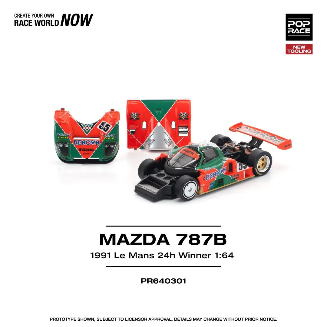 Pop Race Mazda 787B 1991 Le Mans 24H Winner 1:64 diecast model front three-quarter view with bonnet and trunk off