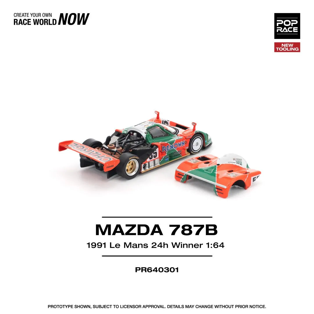 Pop Race Mazda 787B 1991 Le Mans 24H Winner 1:64 diecast model rear three-quarter view with bonnet off