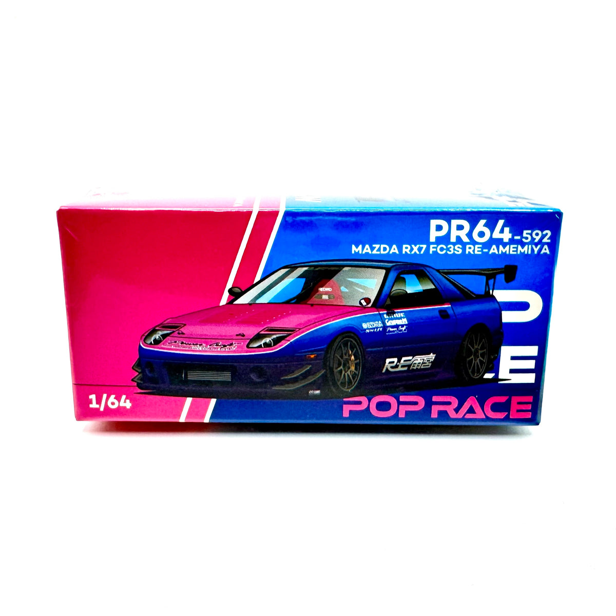 Pop Race Mazda RX-7 FC3S RE-Amemiya Street 7 Chrome 1:64 diecast model car PR64-0592 boxed front view