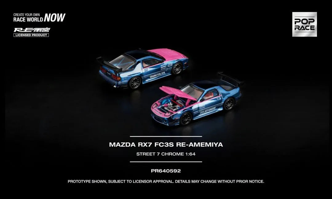 Pop Race Mazda RX-7 FC3S RE-Amemiya Street 7 Chrome 1:64 diecast model front and back angles