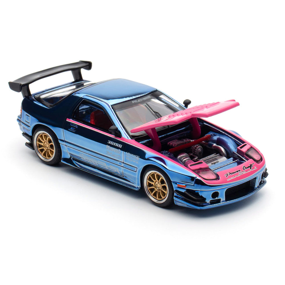 Pop Race Mazda RX-7 FC3S RE-Amemiya Street 7 Chrome 1:64 model with front hood open showing engine detail