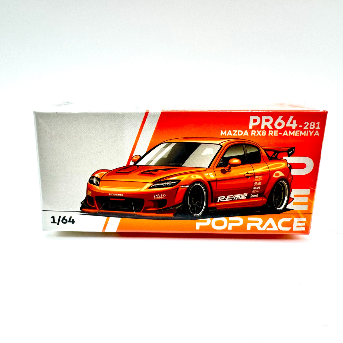 Pop Race Mazda RX-8 RE-Amemiya Chrome Orange 1:64 diecast model car PR64-0281 boxed front view