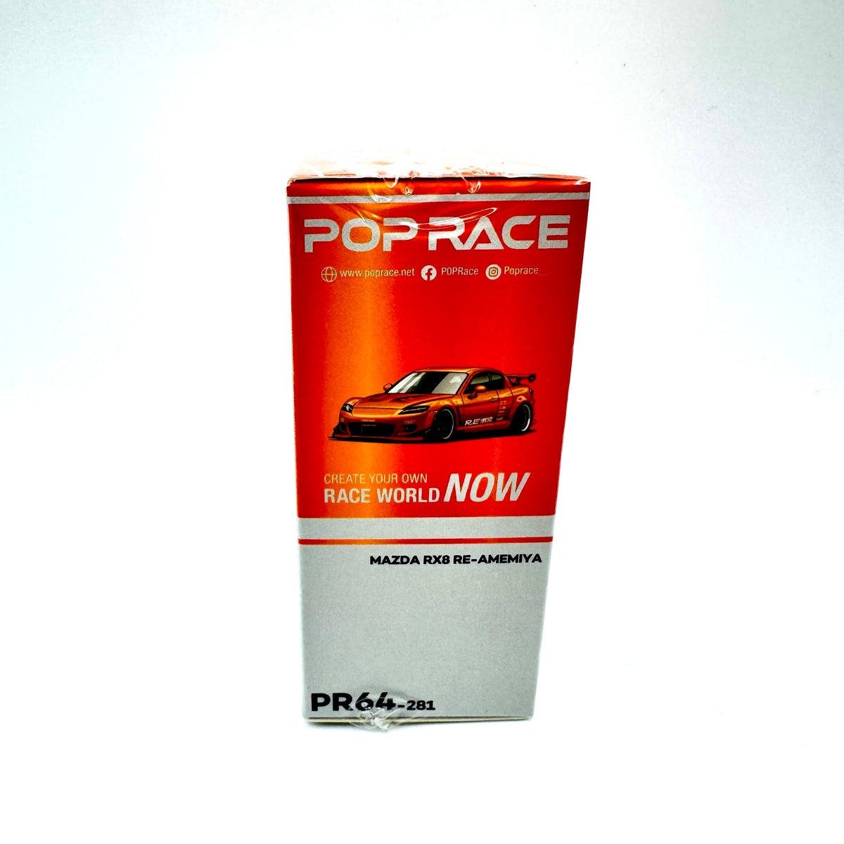 Pop Race Mazda RX-8 RE-Amemiya Chrome Orange 1:64 model car packaging side view