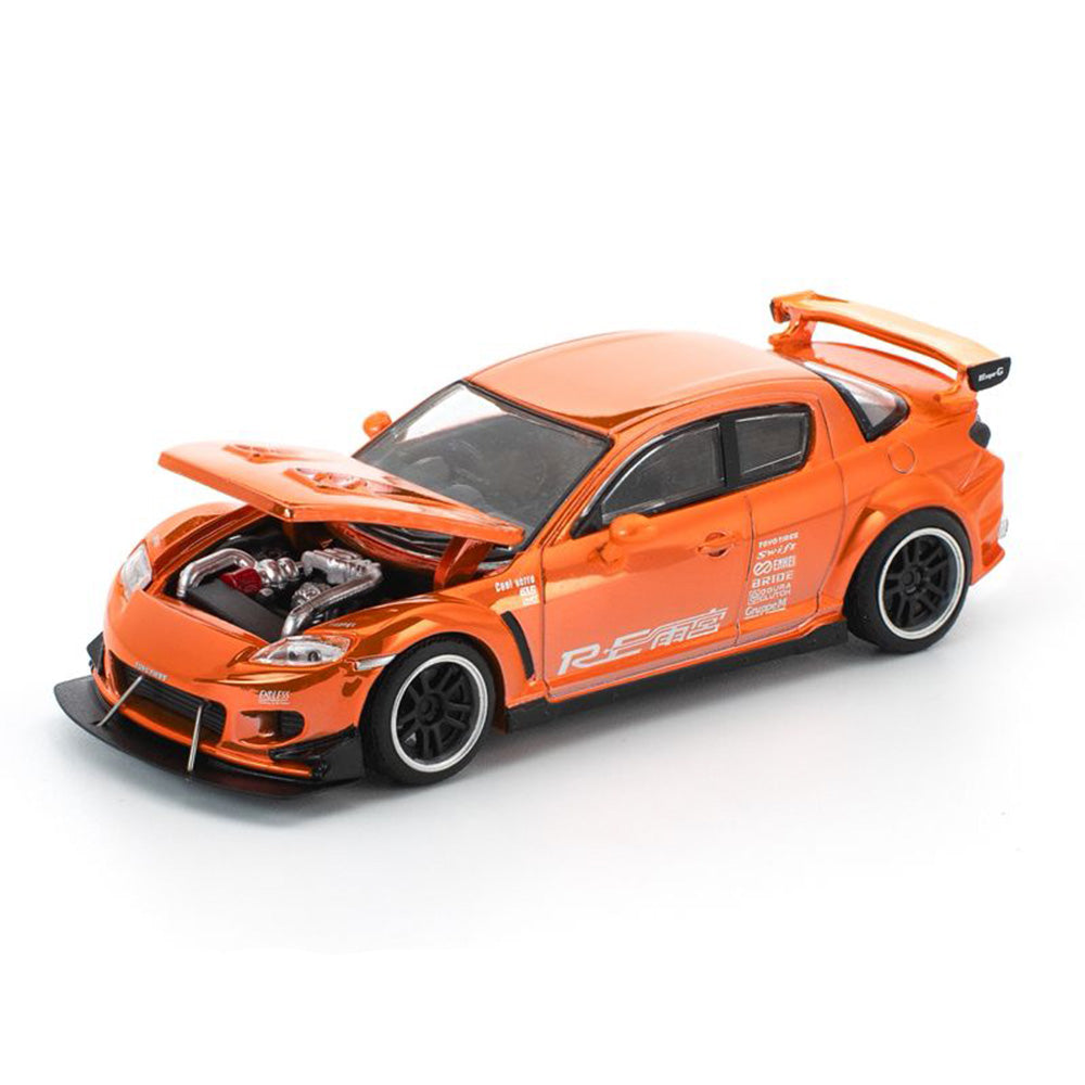 Pop Race Mazda RX-8 RE-Amemiya Chrome Orange 1:64 diecast model front three-quarter view
