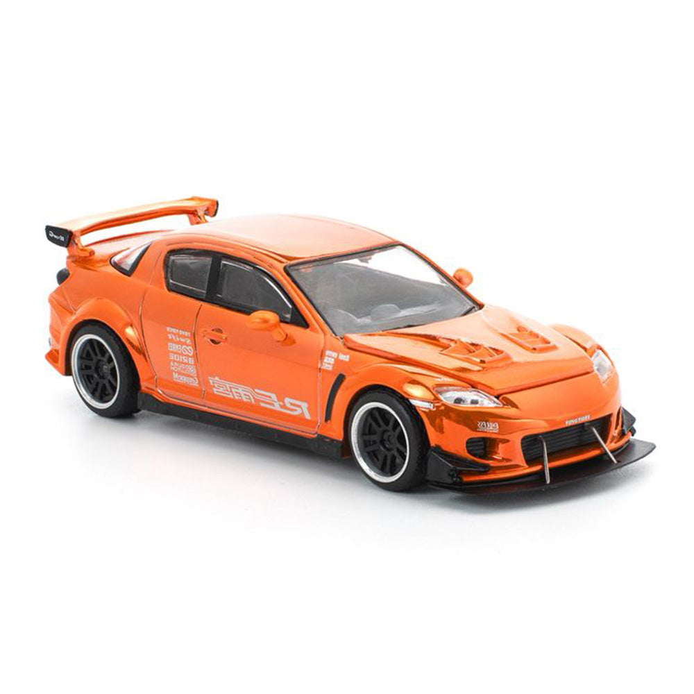 Pop Race Mazda RX-8 RE-Amemiya Chrome Orange 1:64 diecast model right side view