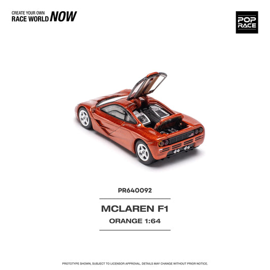 Rear view of Pop Race McLaren F1 1:64 diecast car in orange finish