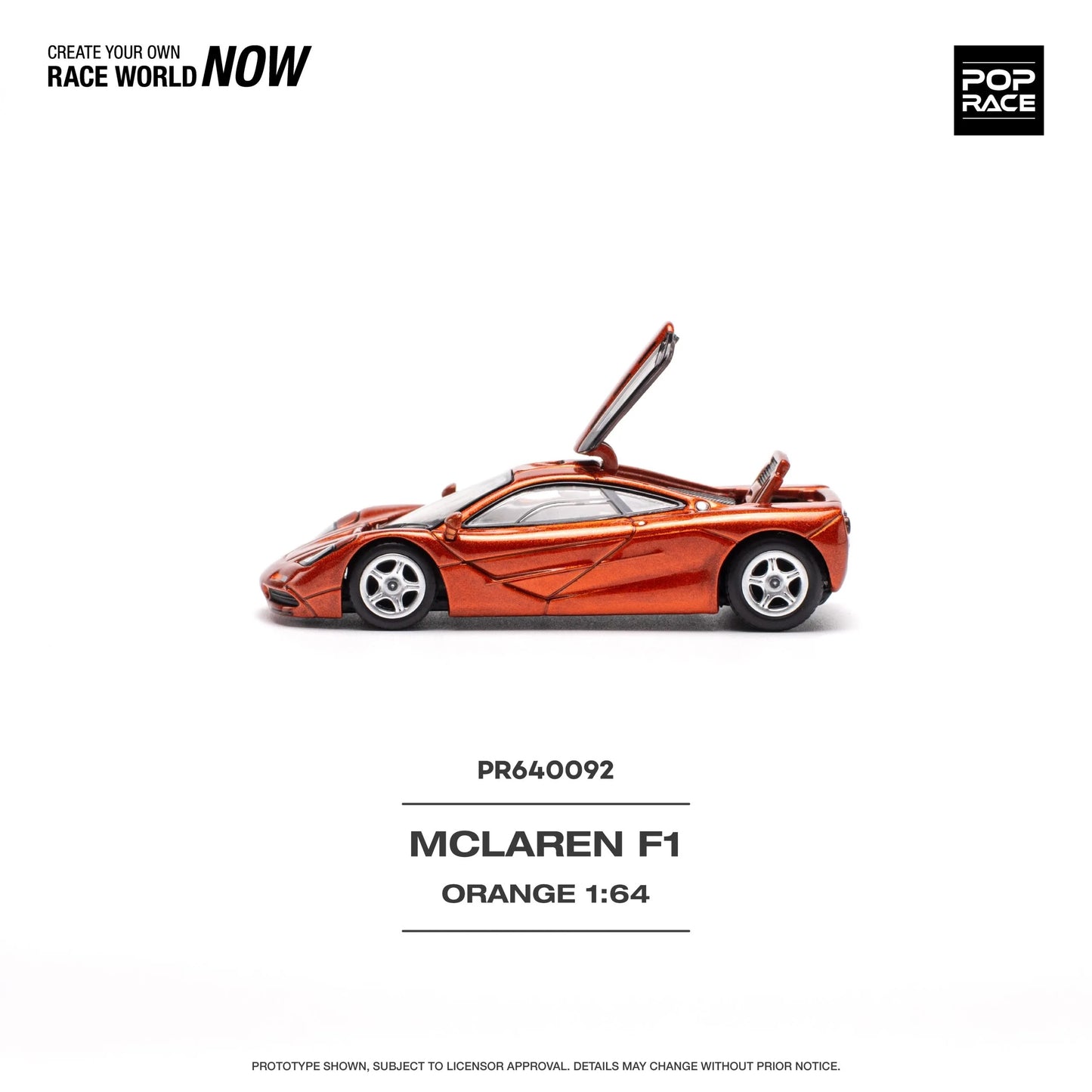 Side angle of McLaren F1 Orange 1:64 scale diecast car by Pop Race