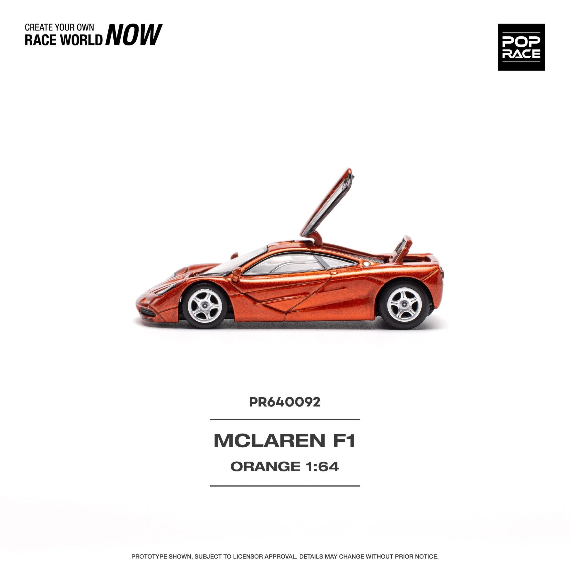 Side angle of McLaren F1 Orange 1:64 scale diecast car by Pop Race