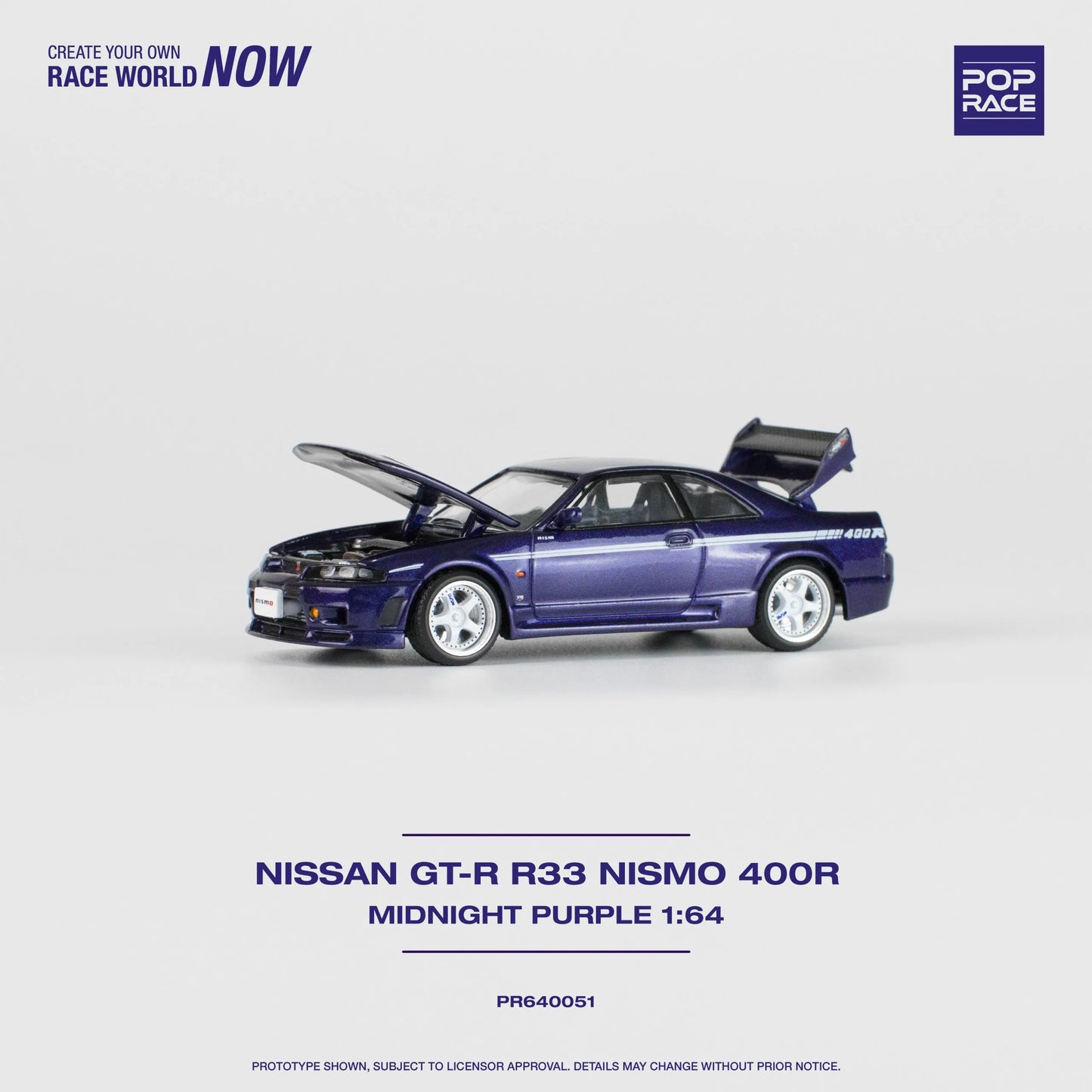 Front angle view of Pop Race Nissan GTR Nismo 400R 1:64 model
