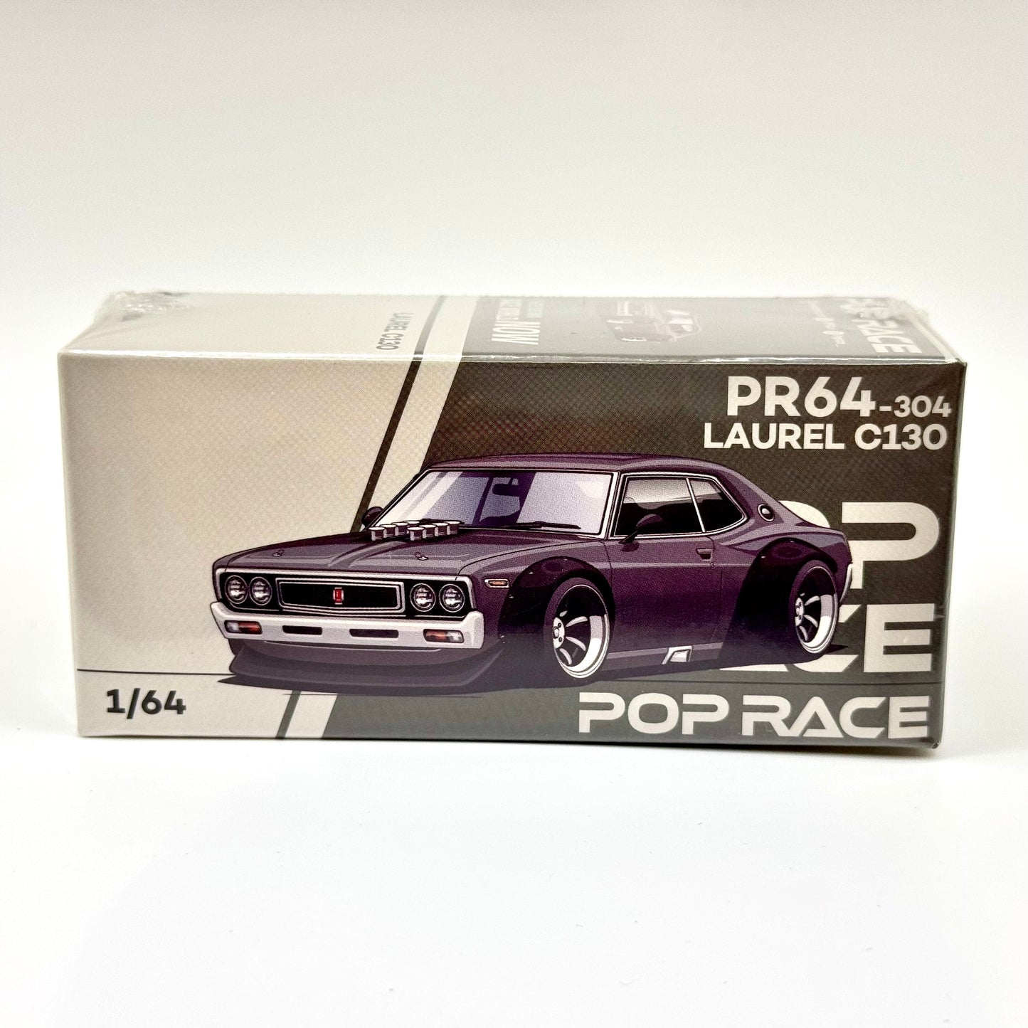 Pop Race Nissan Laurel C130 Metallic Grey 1:64 diecast model car boxed front view