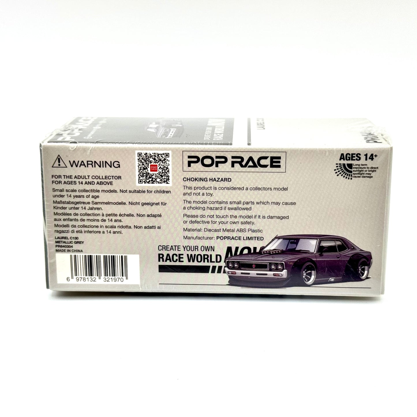 Pop Race Nissan Laurel C130 Metallic Grey 1:64 diecast model car boxed rear view