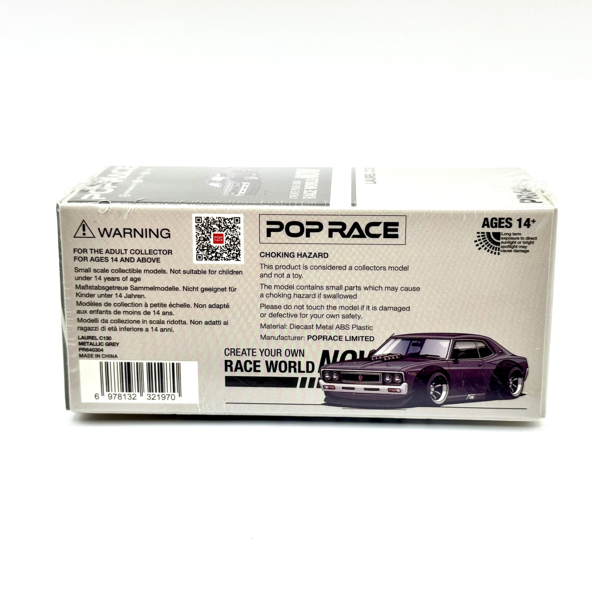 Pop Race Nissan Laurel C130 Metallic Grey 1:64 diecast model car boxed rear view