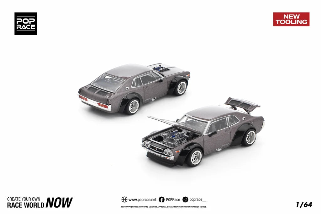 Pop Race Nissan Laurel C130 Metallic Grey 1:64 diecast model front and rear three-quarter view