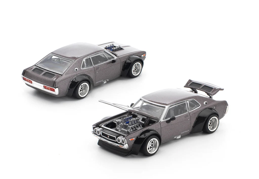 Pop Race Nissan Laurel C130 Metallic Grey 1:64 diecast model front three-quarter view