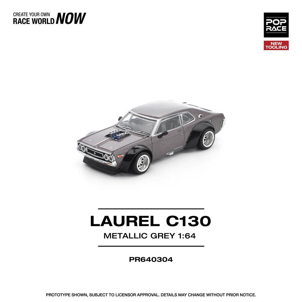 Pop Race Nissan Laurel C130 Metallic Grey 1:64 diecast model front three-quarter view
