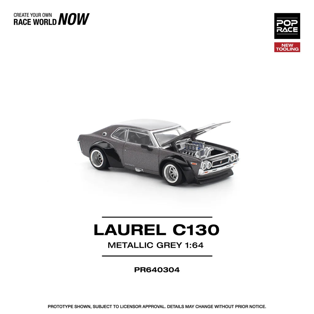 Pop Race Nissan Laurel C130 Metallic Grey 1:64 model with engine hood open showing engine detail
