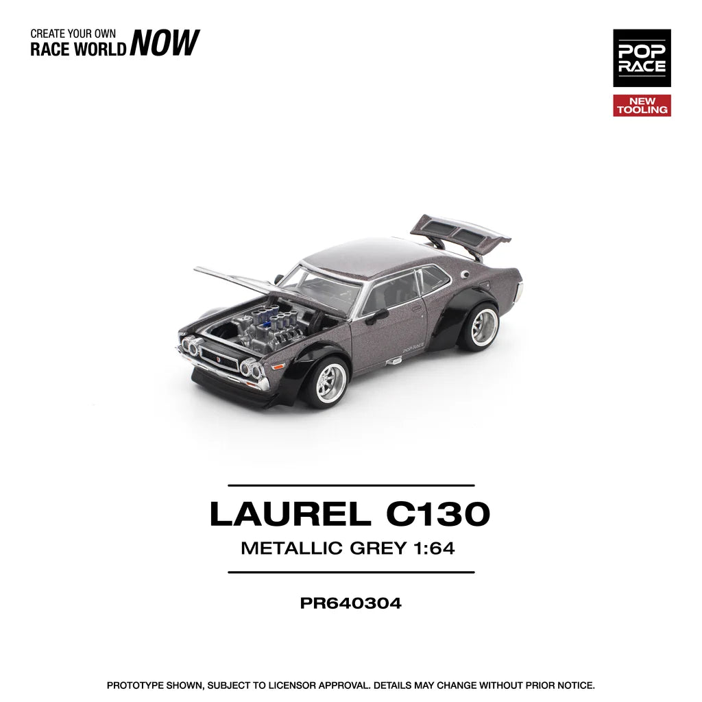 Pop Race Nissan Laurel C130 Metallic Grey 1:64 model with engine hood open showing engine detail