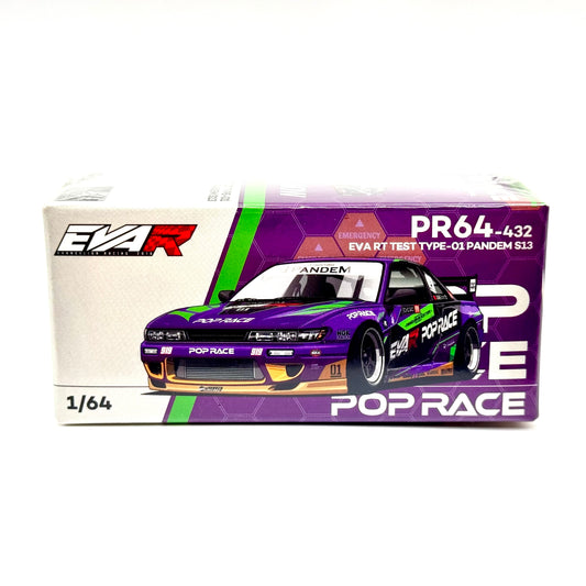 Pop Race Nissan Silvia S13 Pandem EVA RT Test Type-01 1:64 diecast model boxed front view