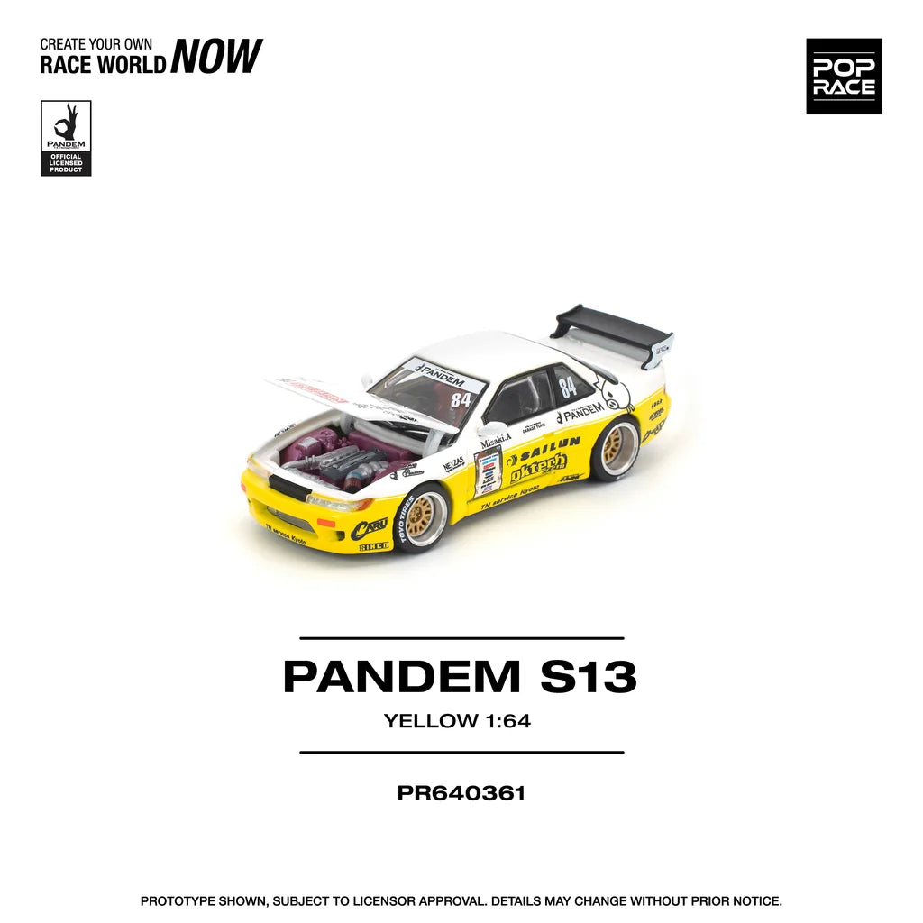 Pop Race Nissan Silvia S13 Pandem 1:64 diecast model front three-quarter view open hood