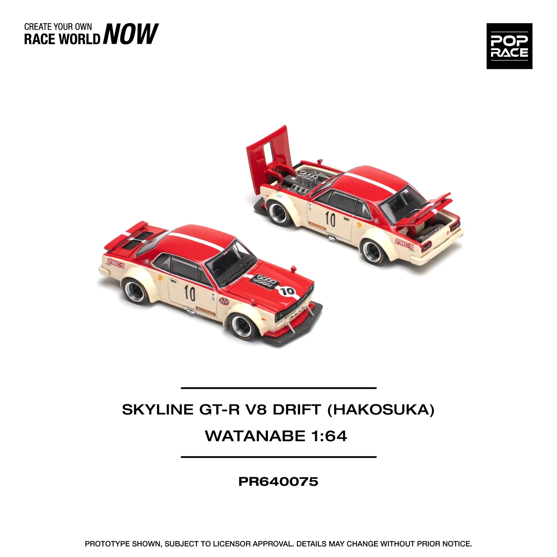 Pop Race Nissan Skyline GT-R Hakosuka V8 Drift Watanabe 1:64 diecast model front three-quarter view