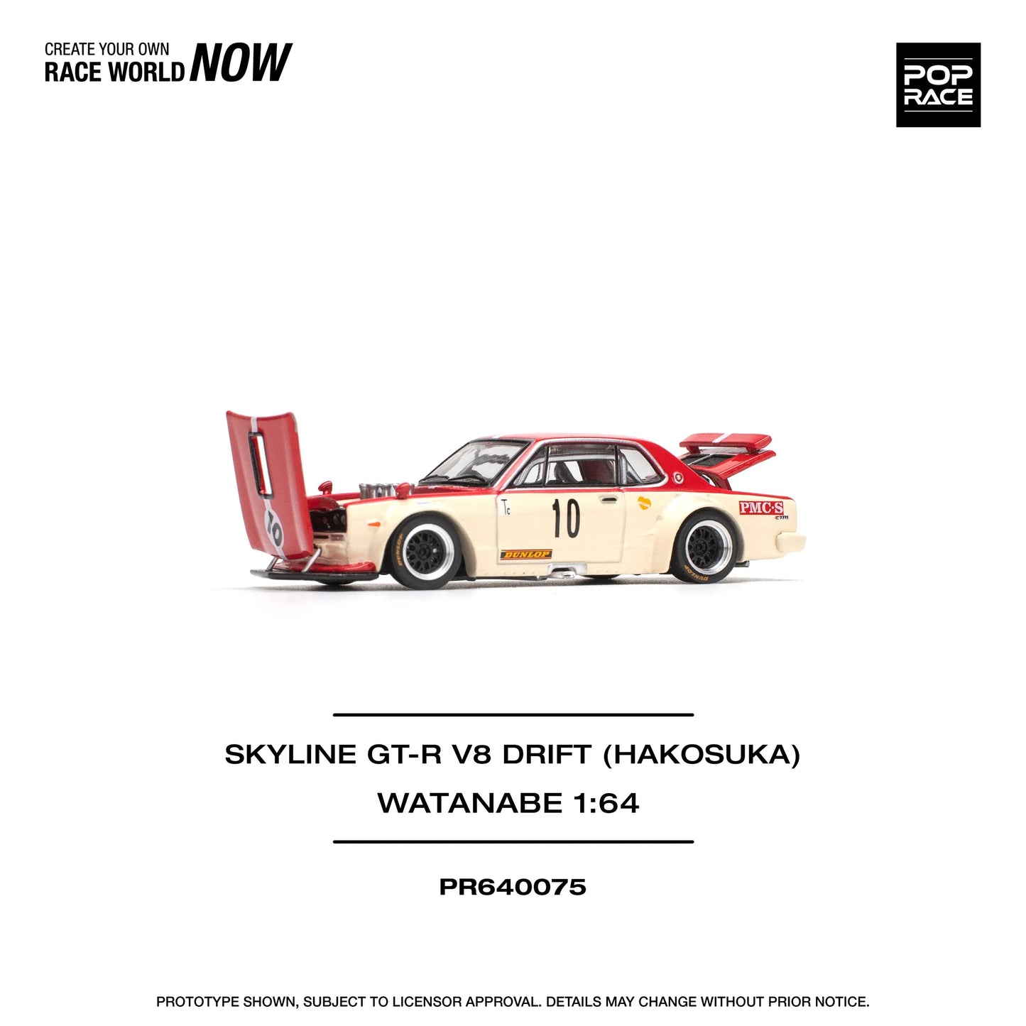 Pop Race Nissan Skyline GT-R Hakosuka V8 Drift Watanabe 1:64 model with engine hood open showing engine detail