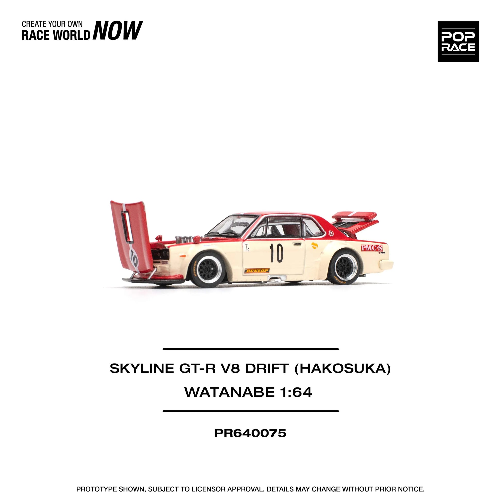 Pop Race Nissan Skyline GT-R Hakosuka V8 Drift Watanabe 1:64 model with engine hood open showing engine detail