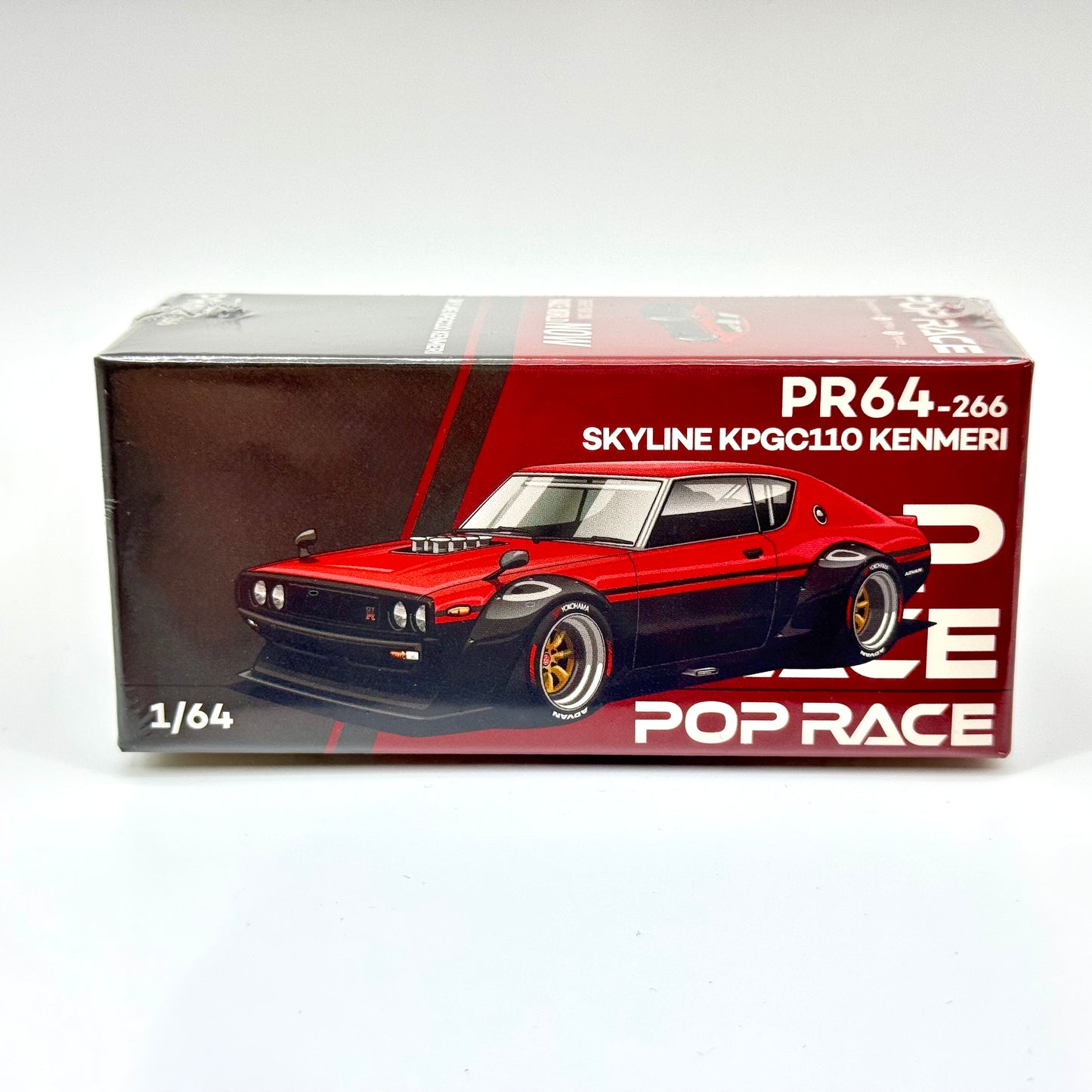 Pop Race Nissan Skyline GT-R KPGC110 Kenmeri V8 Drift Red Black 1:64 diecast model boxed front view