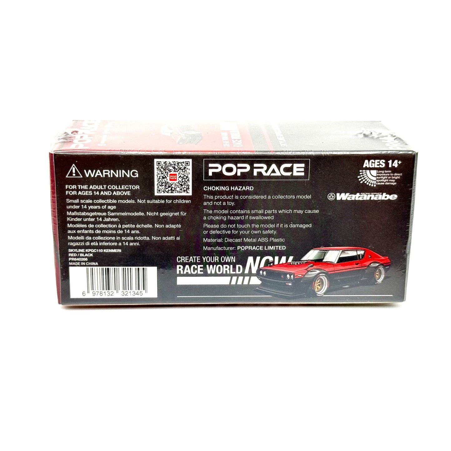 Pop Race Nissan Skyline GT-R KPGC110 Kenmeri V8 Drift Red Black 1:64 diecast model boxed rear view